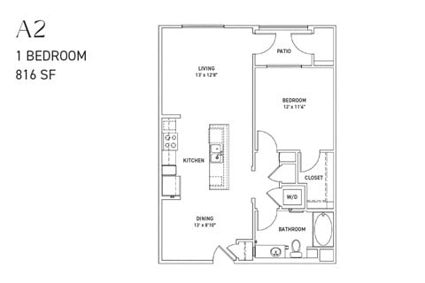 Floor plan for 1 bed, 1 bath, 816 sqft